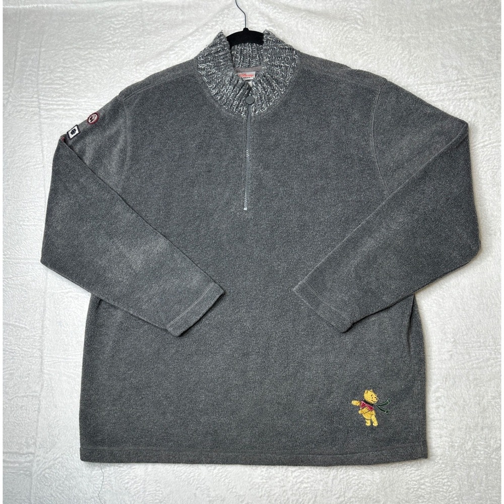 The Disney Store Winnie the Pooh Pullover XXL Gray Fleece Quarter Zip Patches